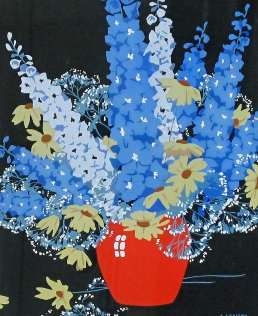 Alfred Joseph (A.J.) Casson (1898-1992) - Delphiniums And Daisies In A Red Vase