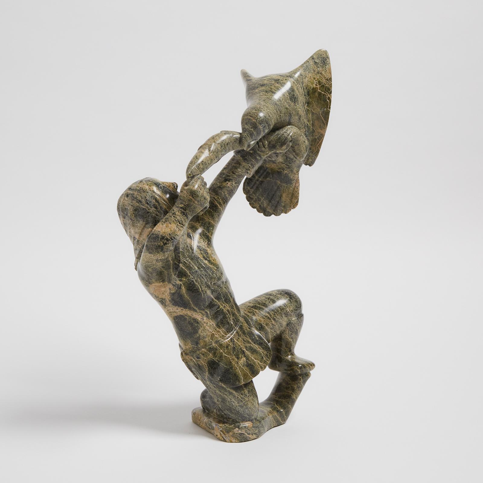 Abraham Etungat (1911-1999) - Figure Struggling With Bird For A Fish