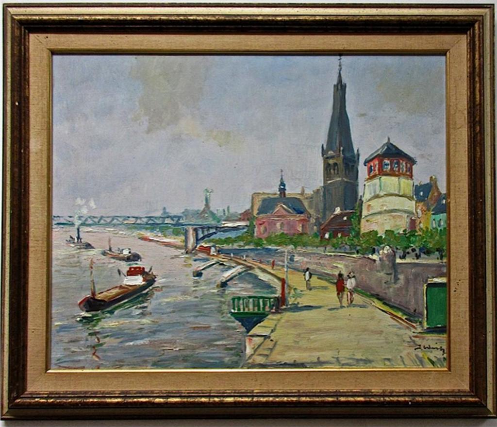 Jabok Weitz (1888-1970) - Canal Scene With Figures On Boardwalk; Dusseldorf