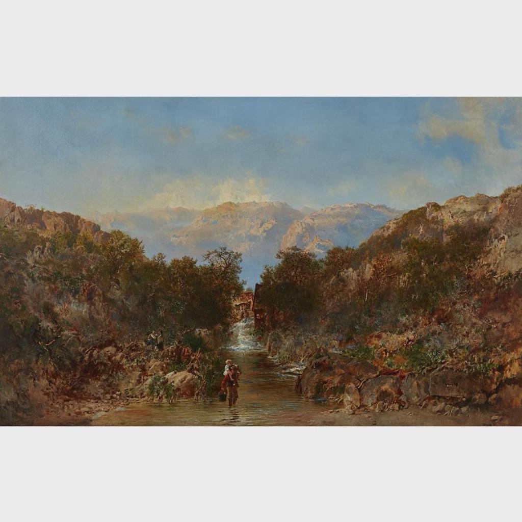 Otto Rheinhold Jacobi (1812-1901) - A Picturesque Mountain Landscape With Man And Child Fording A Shallow River
