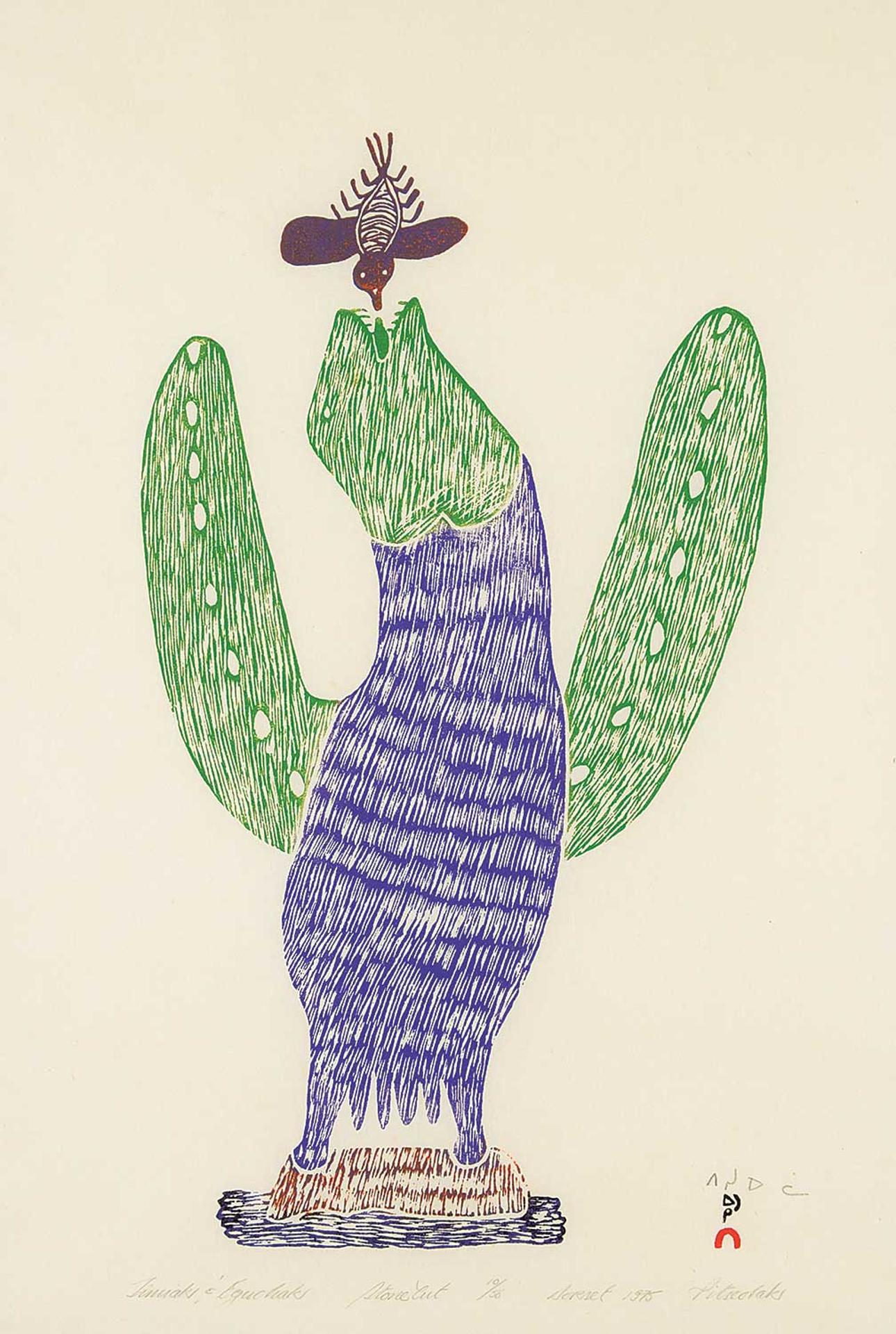 Pitseolak Ashoona (1904-1983) - Tinuak and Eguchak [Catching a Mosquito]  #10/50