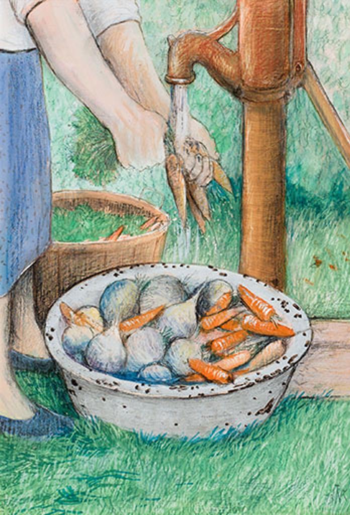 William Kurelek (1927-1977) - Rinsing Vegetables Under Pump