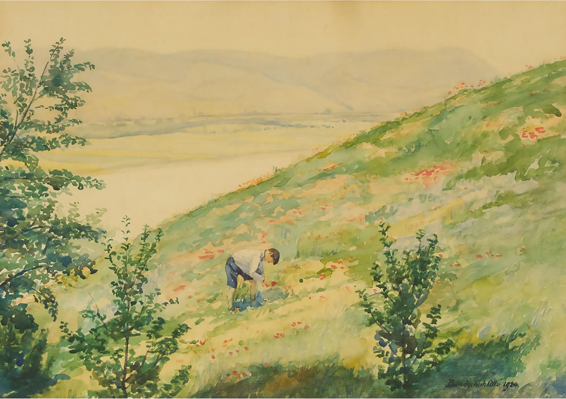 Ottó Bundschuh - Boy Picking Flowers On A Hillside,1924