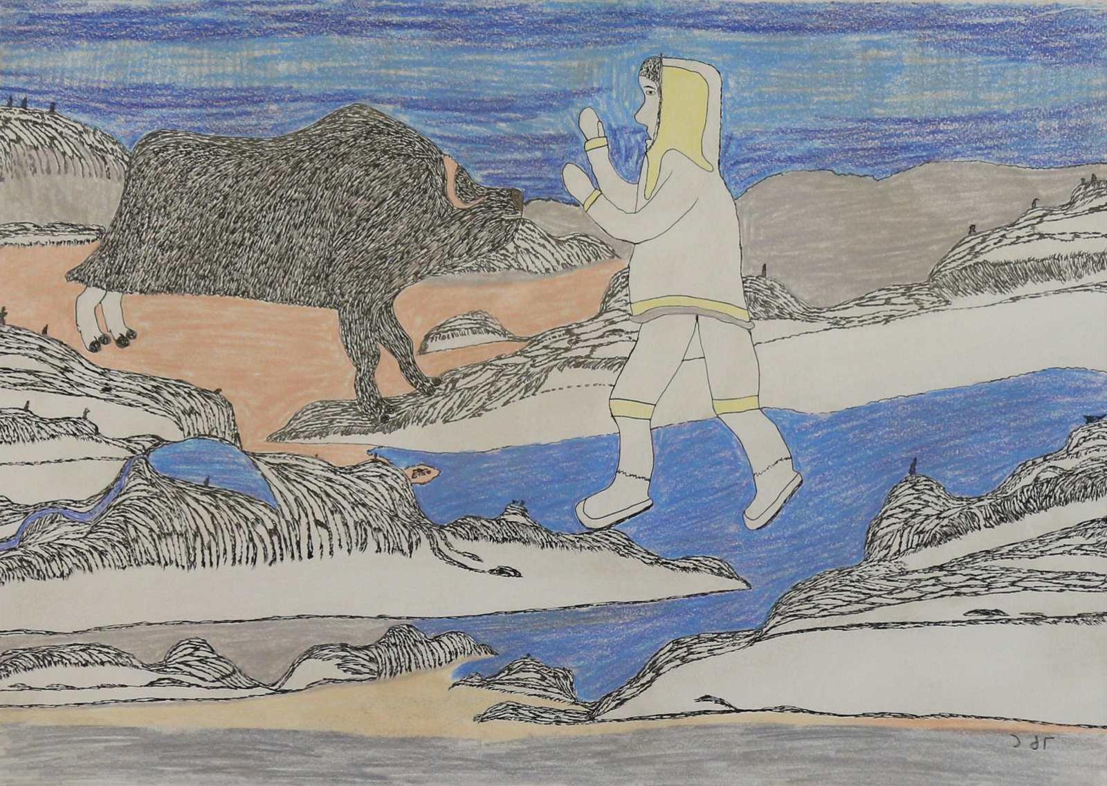 Simon Tookoome (1934-2010) - Inuk And Muskox Confrontation