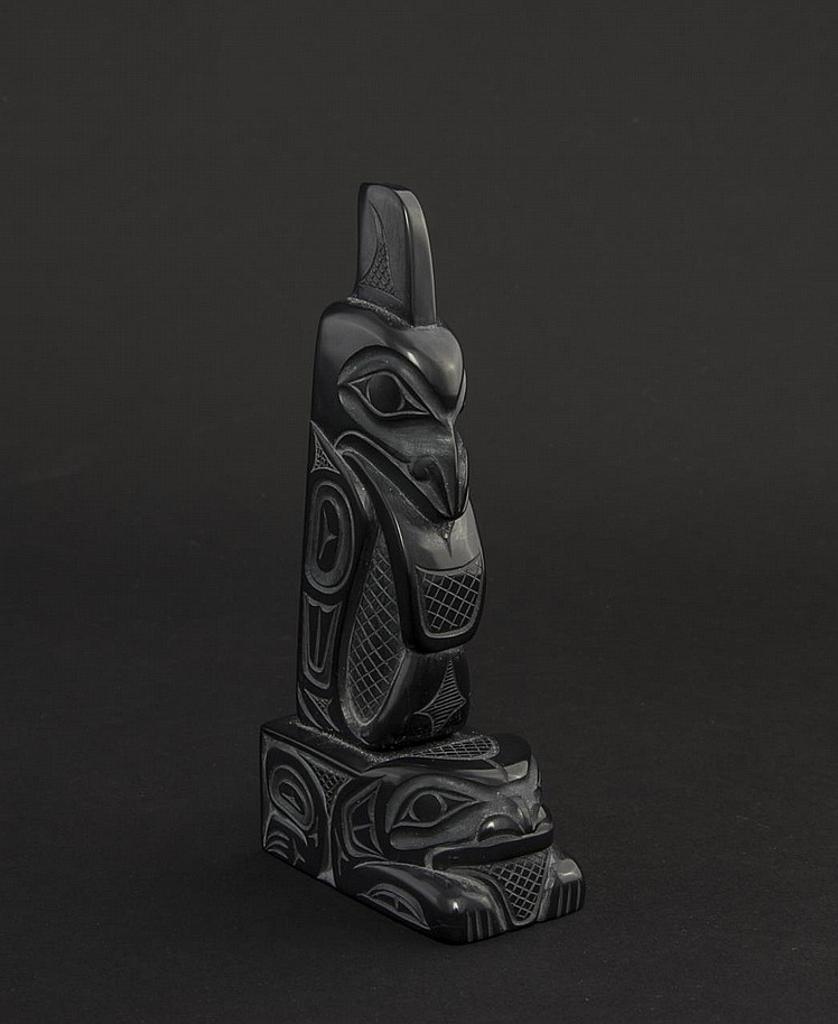Glen Pollard (1957) - a carved argillite pole depicting Killerwhale and Frog