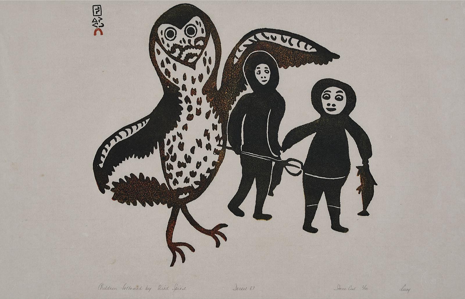 Lucy Qinnuayuak (1915-1982) - Children Followed By Bird Spirit