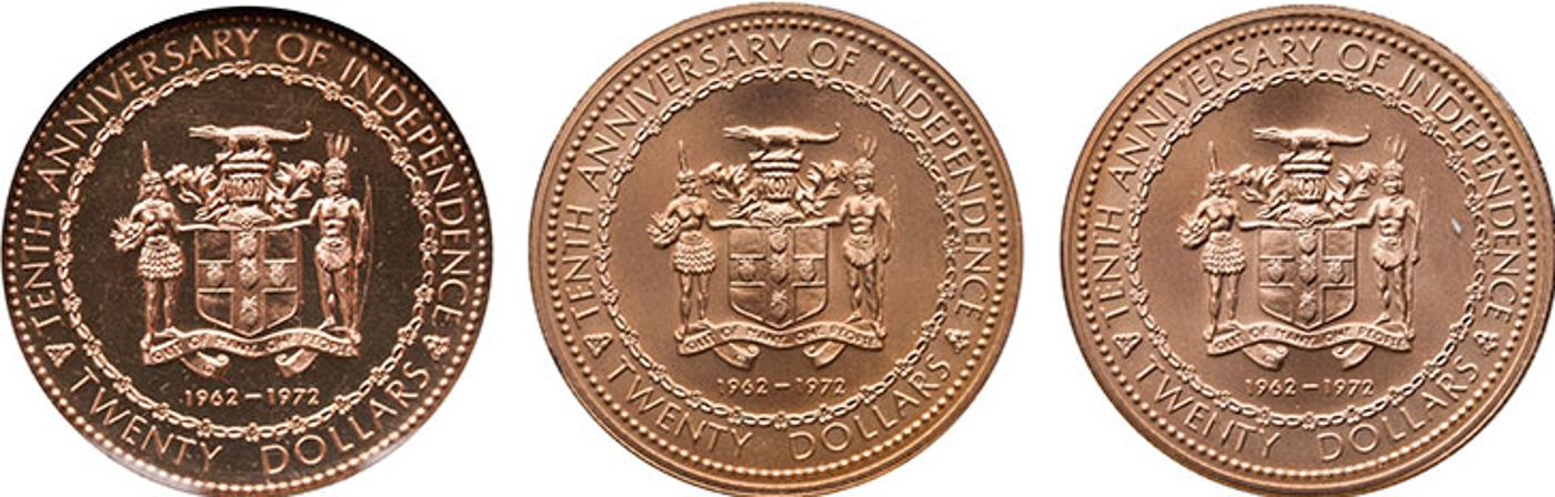 Jamaica - Two 1972 Gold Specimen and One 1972 Gold Proof 20 Dollars, 