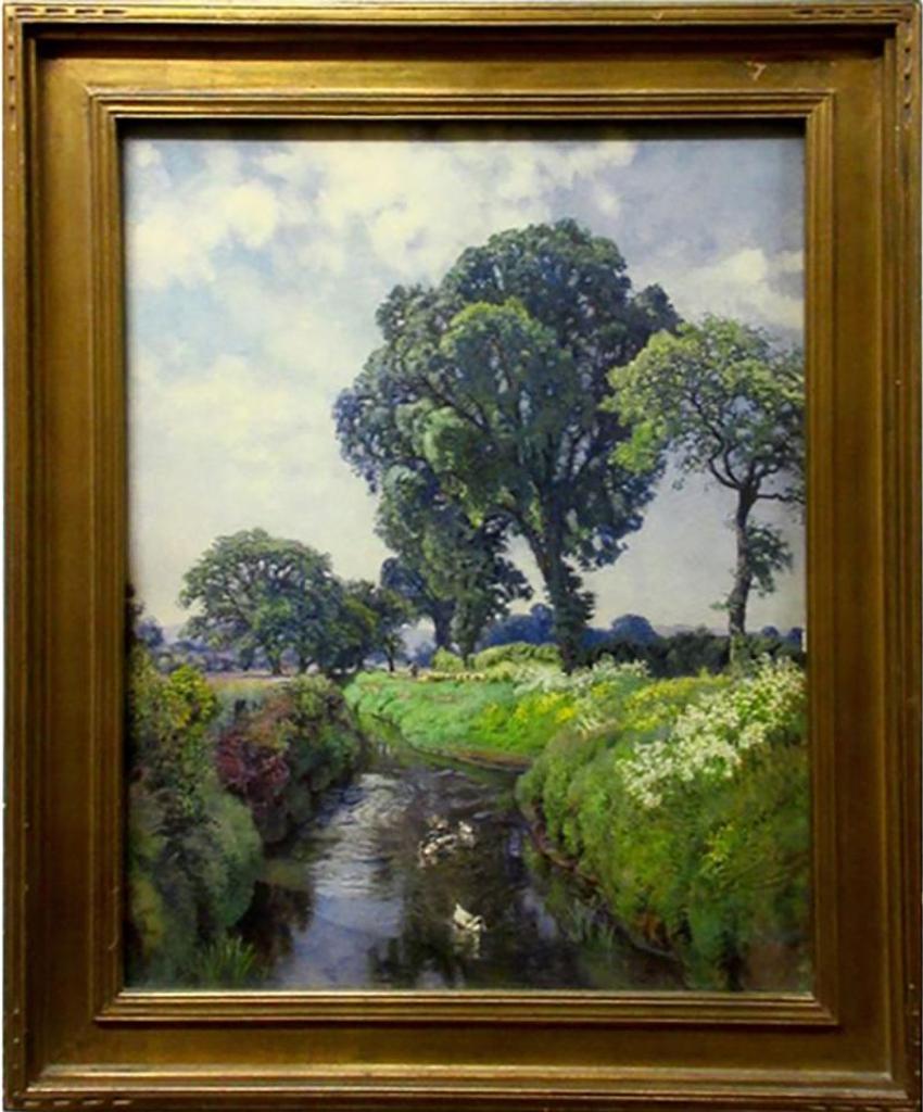 Frank Corbyn Price (1862-1933) - Ducks In A Creek, With Shepherd And Flock In The Distance