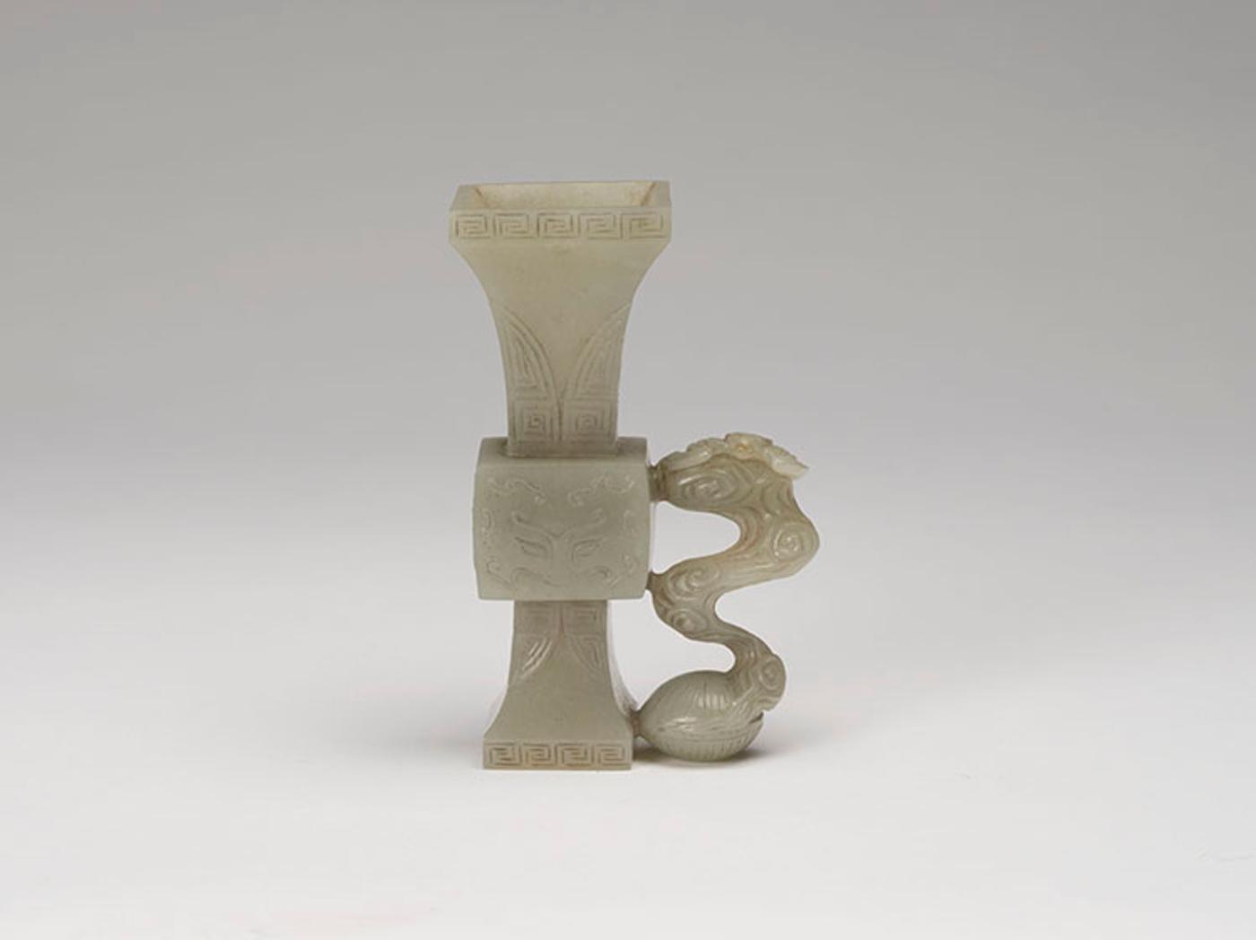 Chinese Art - A Chinese Pale Celadon Jade Carved Archaistic Fanghu, 19th Century