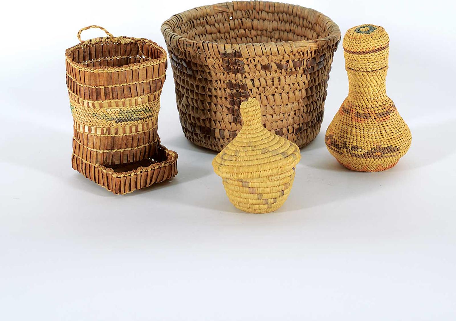 First Nations Basket School - <B>LOT OF FOUR</B>; Salish Basket, Basketry Bottle, Knob Top Basket and Irene Walker Match Dispenser
