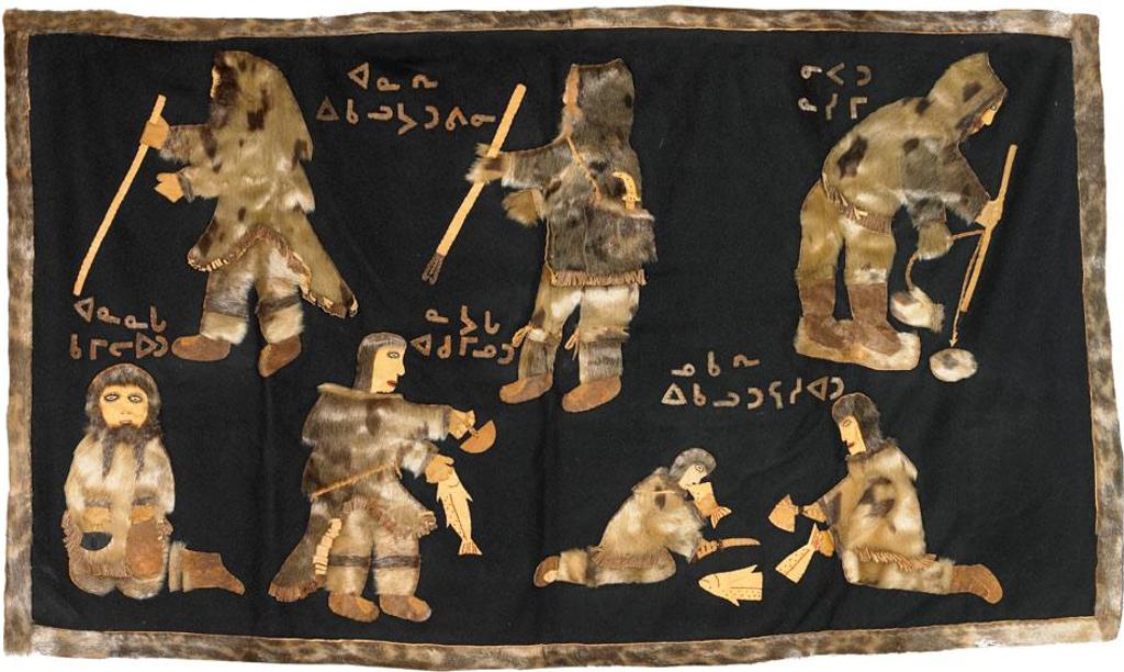 Caroline Napartuk (1935) - Wall Hanging Depicting A Story Of A Husband And Wife Going Fishing, The Mother Making Kamiks, Sister Cleaning Fish, Man Standing Over Seal Hole Waiting And Brothers Eating Fish