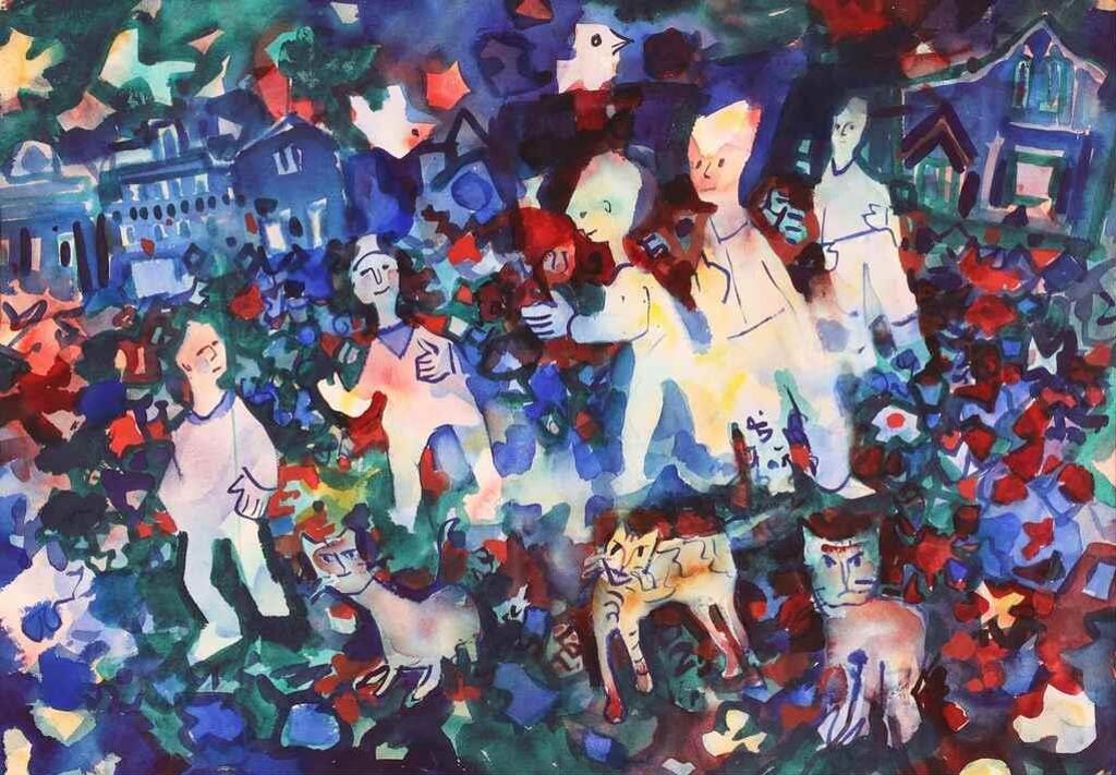 Janet Mitchell (1915-1998) - Lively City Scene; 1973