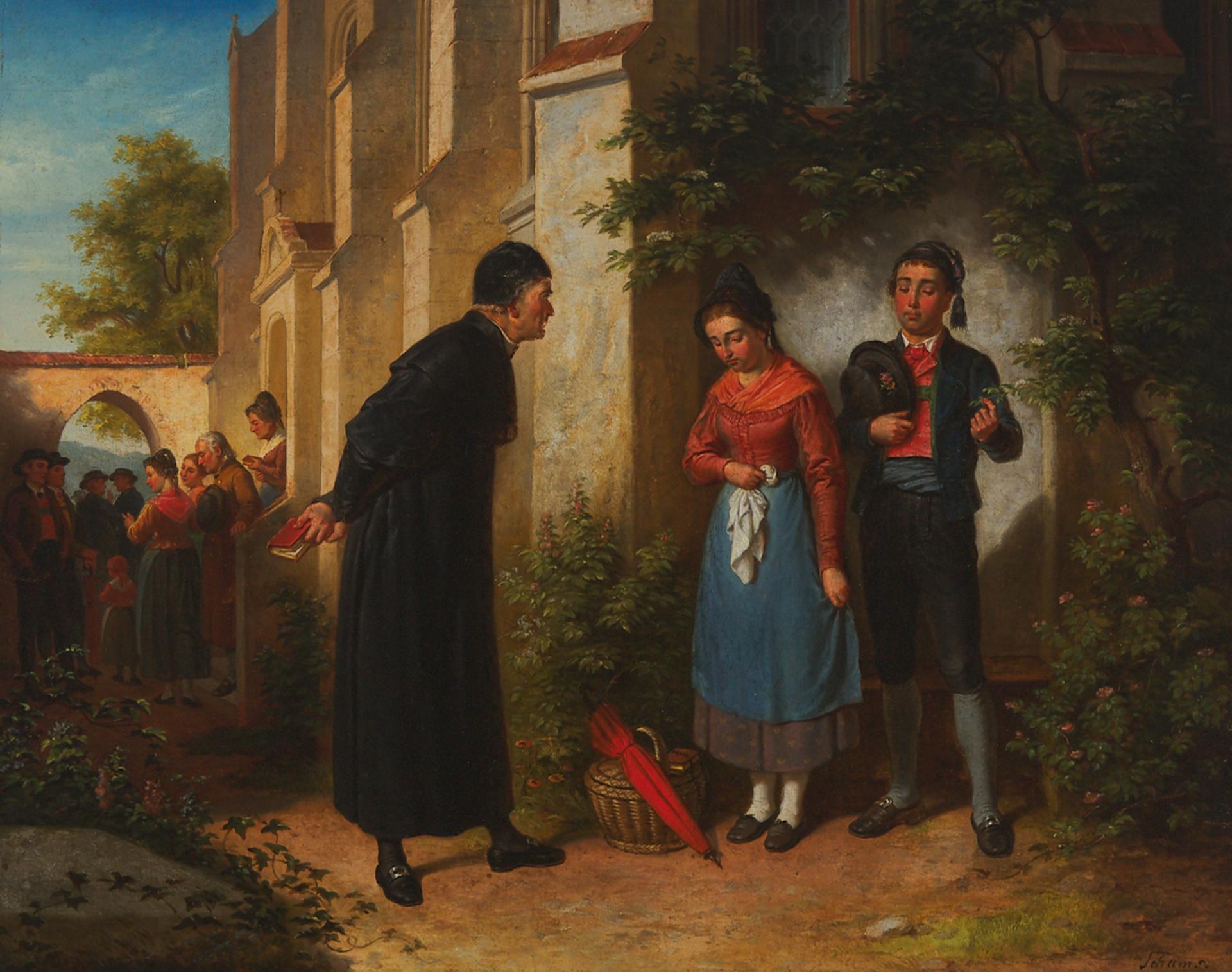 Franz Schams (1823) - Die Versäumte Predigt - Ein Junges Paar Wird Vom Pfarrer Zurechtgewiesen (The Missed Sermon) (A Young Couple Is Reprimanded By The Pastor), Circa 1883