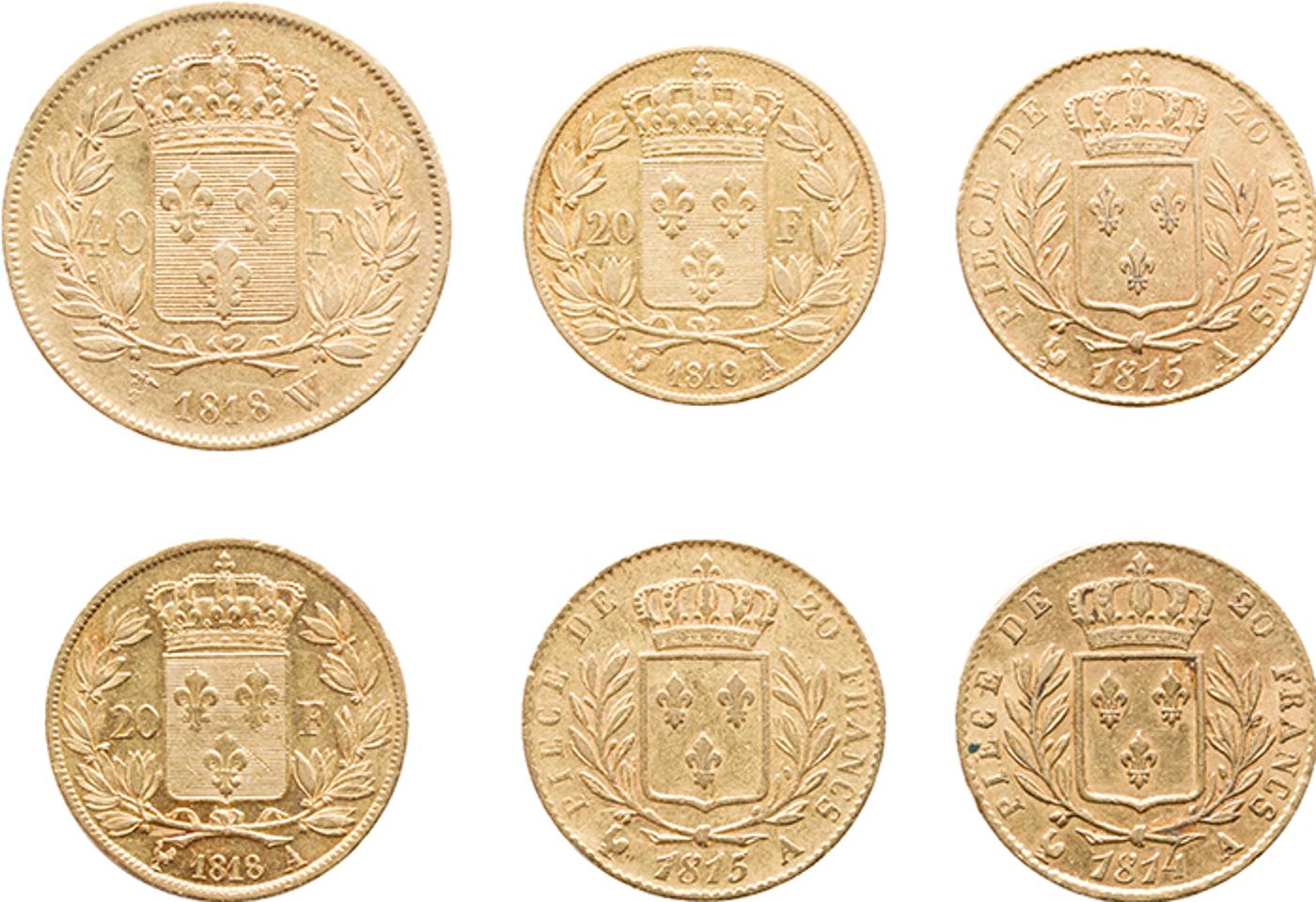 France - Lot of Five Bourbon Restoration Gold 20 Francs and a Gold 40 Francs, 6 Pieces Total
