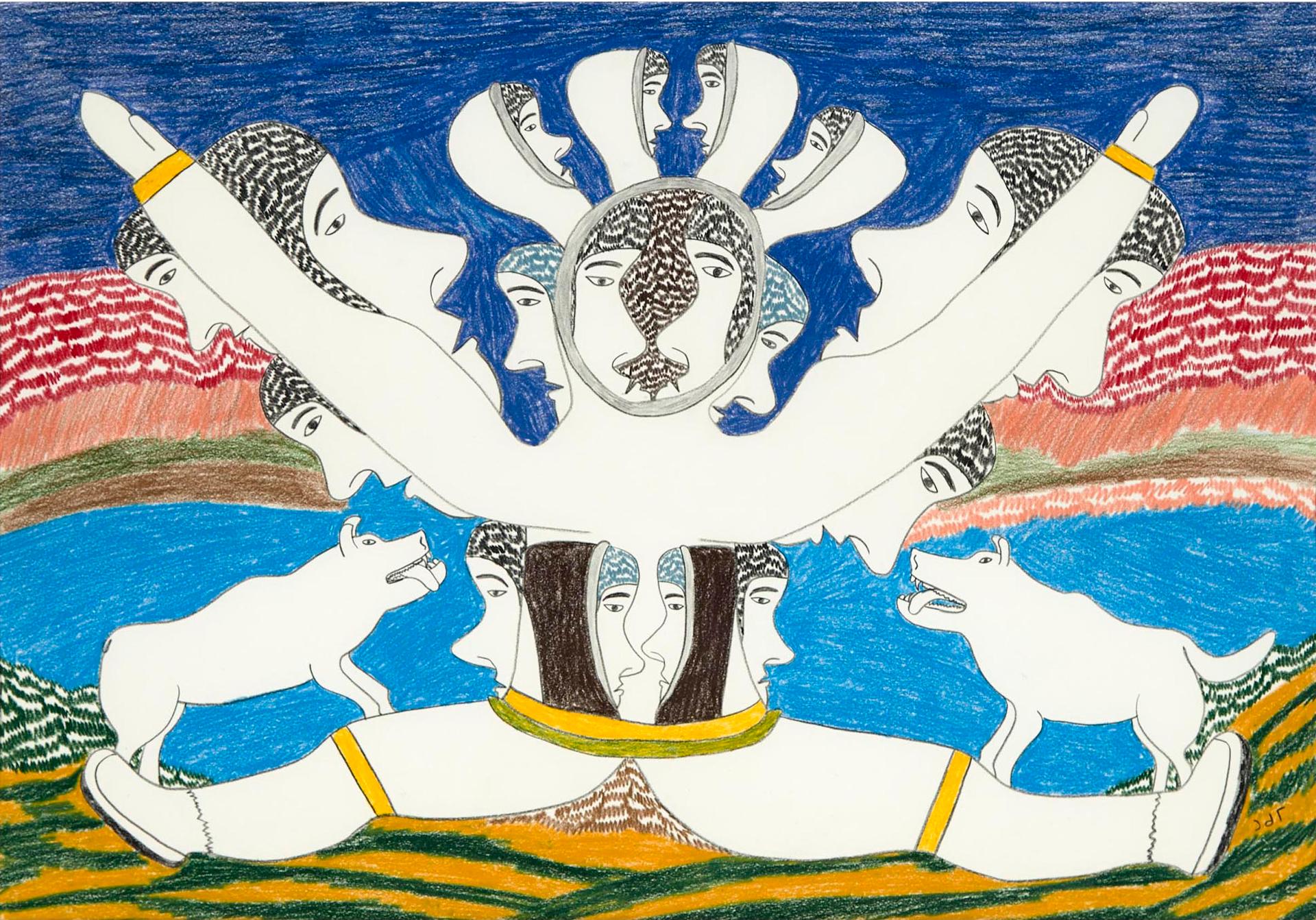 Simon Tookoome (1934-2010) - Untitled (Many Faces With Hungry Dogs)