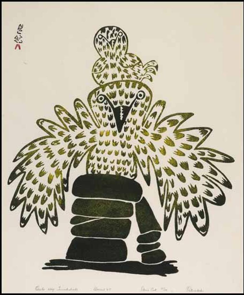Pitseolak Ashoona (1904-1983) - Owls Atop Innukshuk