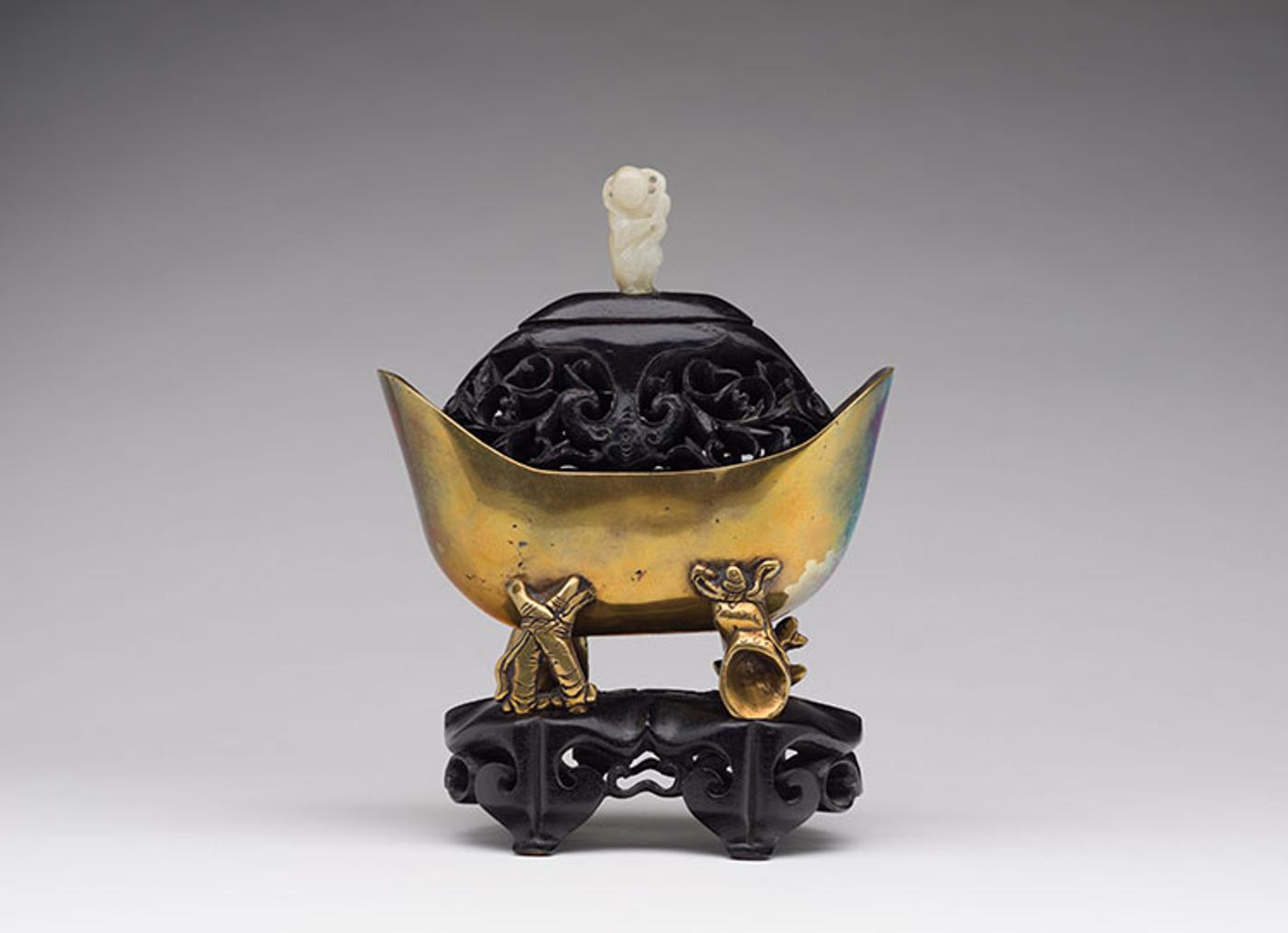 Chinese Art - A Chinese Ingot Form Censer and Jade Mounted Cover, 19th Century