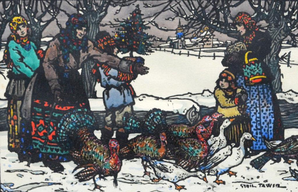 Sybil Tawse (1886-1954) - Feeding Poultry