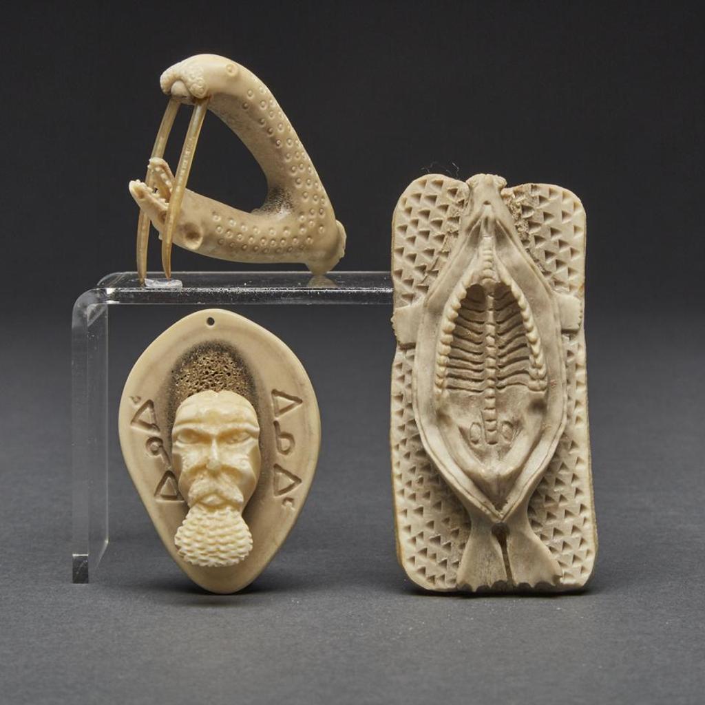 Simon Qamanirq (1953) - Flayed Seal; Bearded Face Pendant; Wishbone Shaped Bear/Walrus/Seal Composition