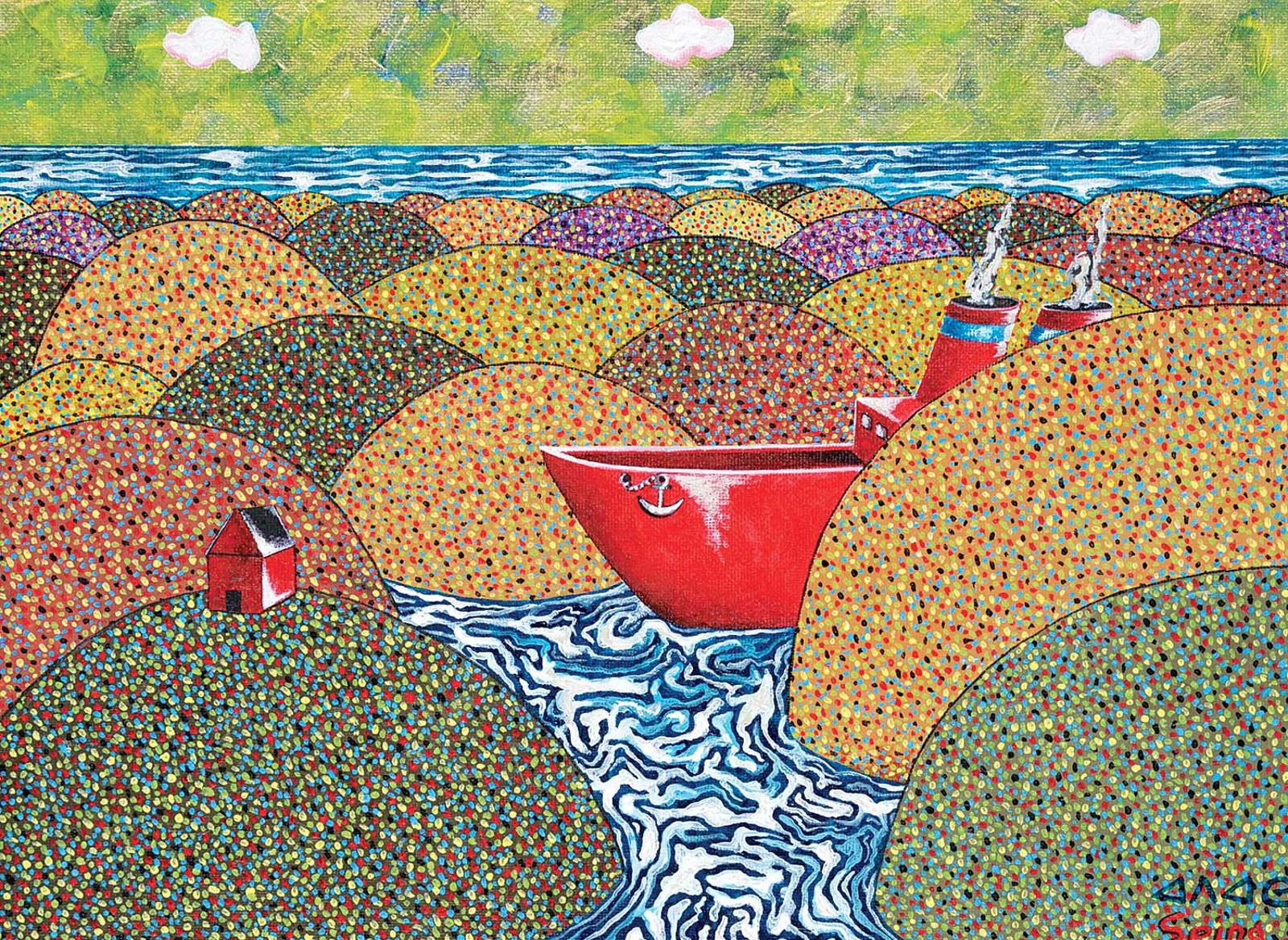 Ferdinando Nichola (Fred) Spina (1949) - Red Ship Visiting House, Pond Inlet, Summer, Baffin Island