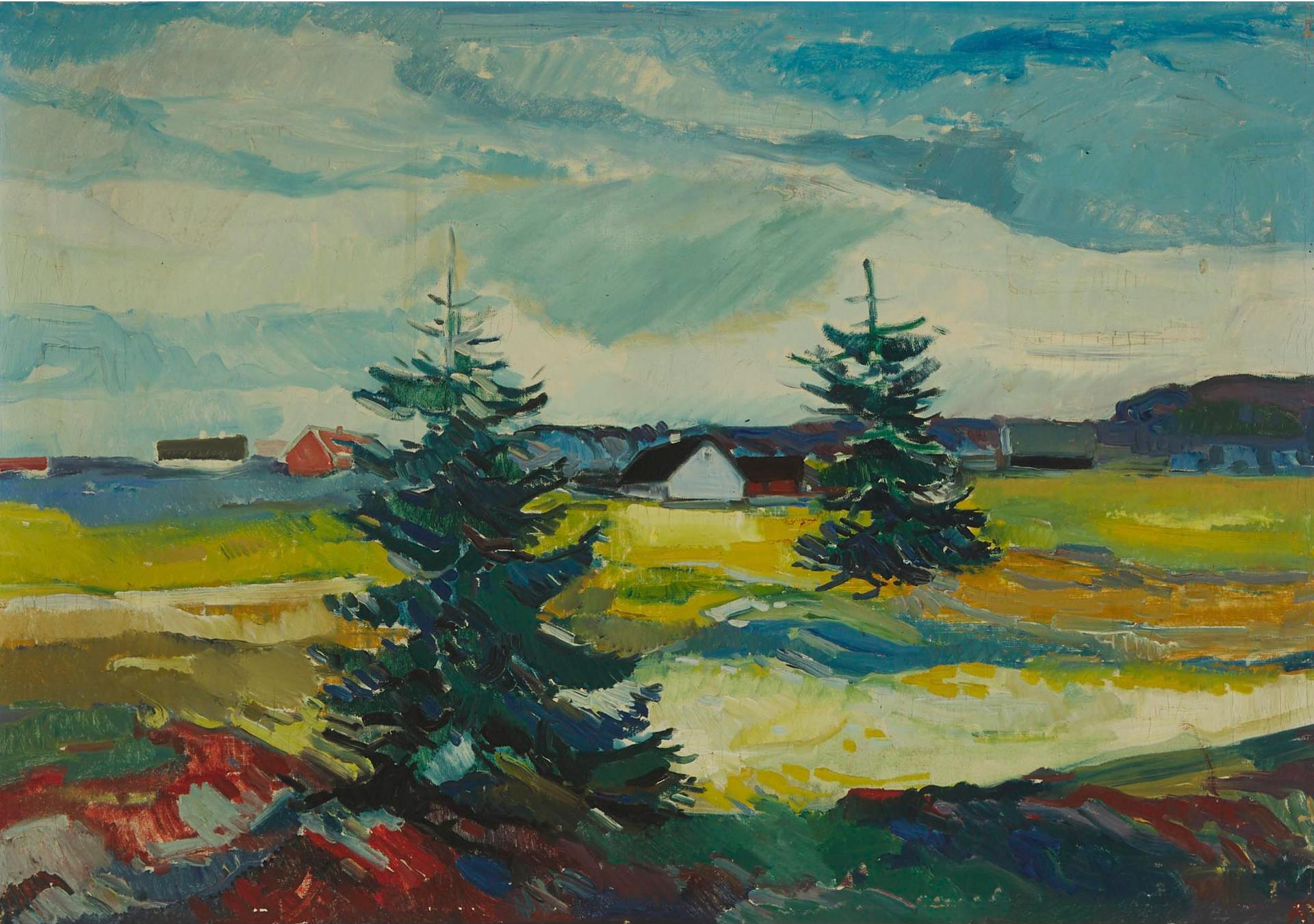 Aage Bernard Frederiksen (1883-1963) - Trees With View To Farmhouses In The Distance