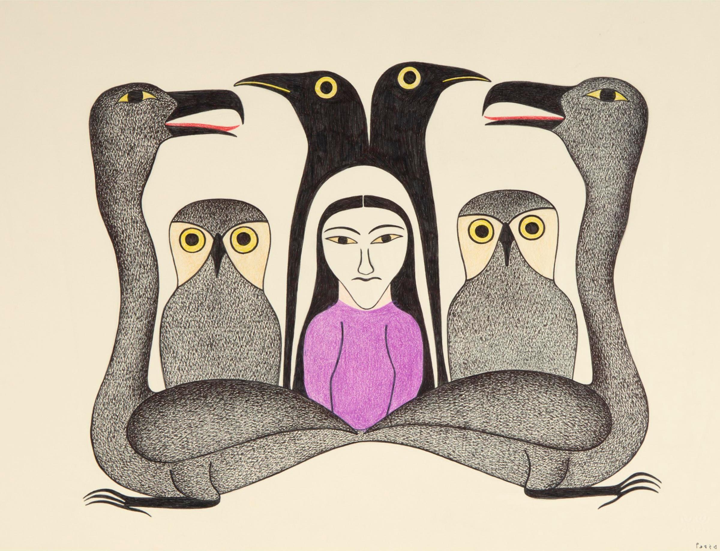 Kenojuak Ashevak (1927-2013) - Untitled (Woman With Owls And Birds), 1993/1994