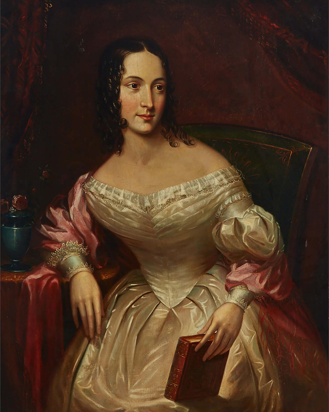 British Victorian - A Lady Seated In White Satin Reading A Book