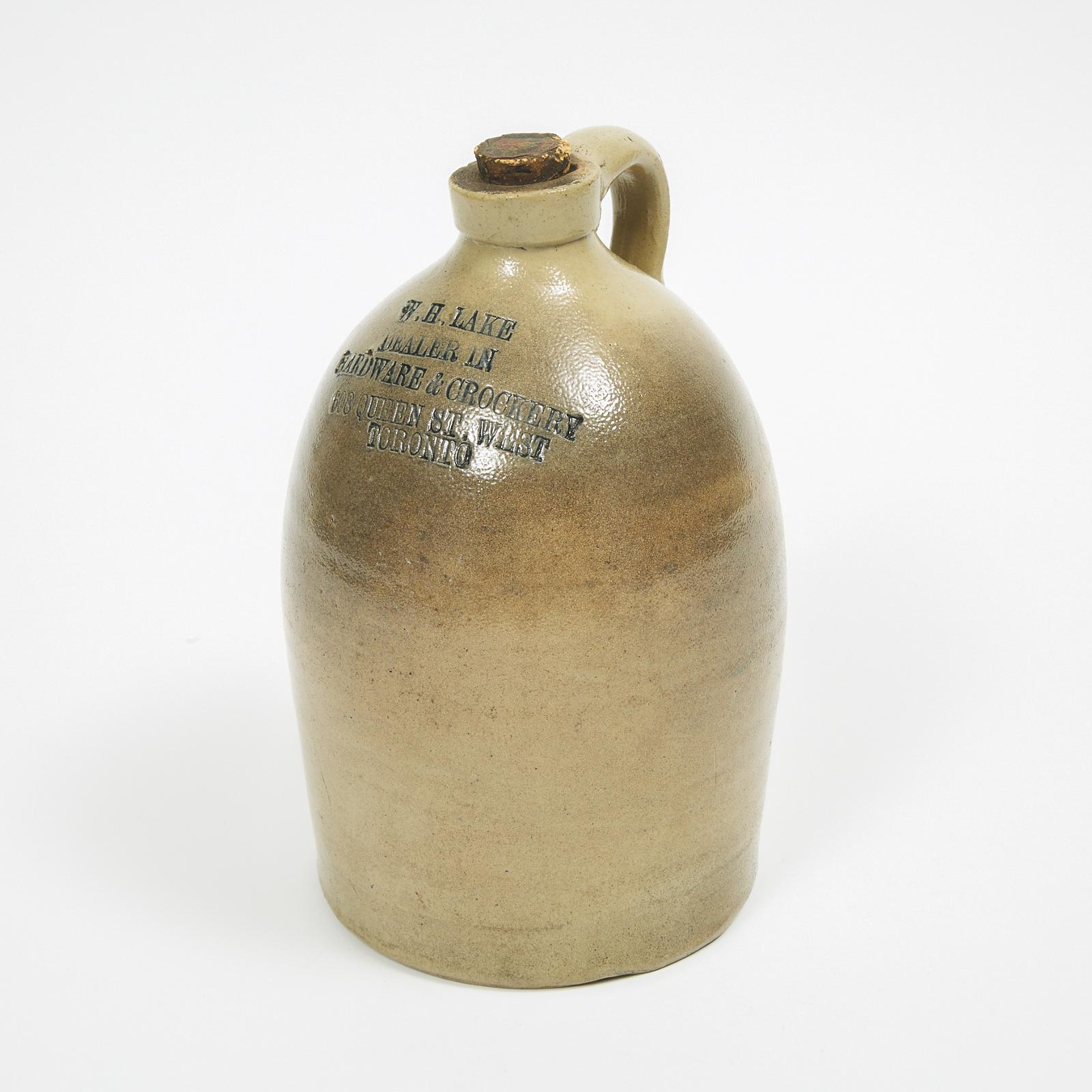 Toronto Stoneware Jug - W. H. Lake, Dealer In Hardware & Crockery, 608 Queen St. West, Toronto