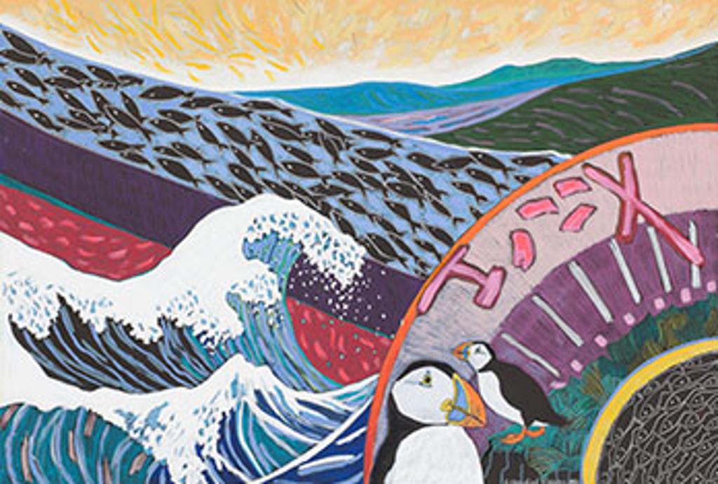 Anne Meredith Barry (1932-2003) - Sky Fan, Hokusai Wave and Puffins