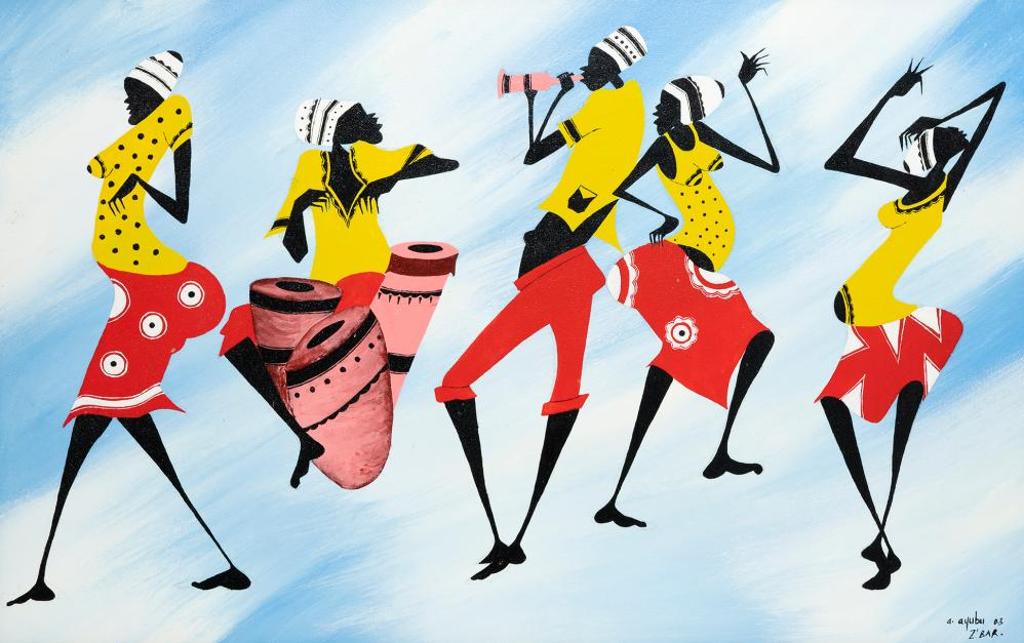 A. Ayubu - Untitled - Dancing Figures with Blue Background