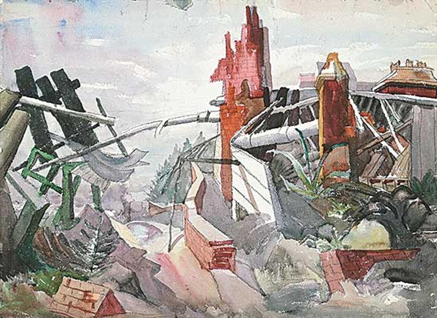 Jack Leaonard Shadbolt (1909-1998) - WWII Shelled Township / Hen in Cage [Double Sided]