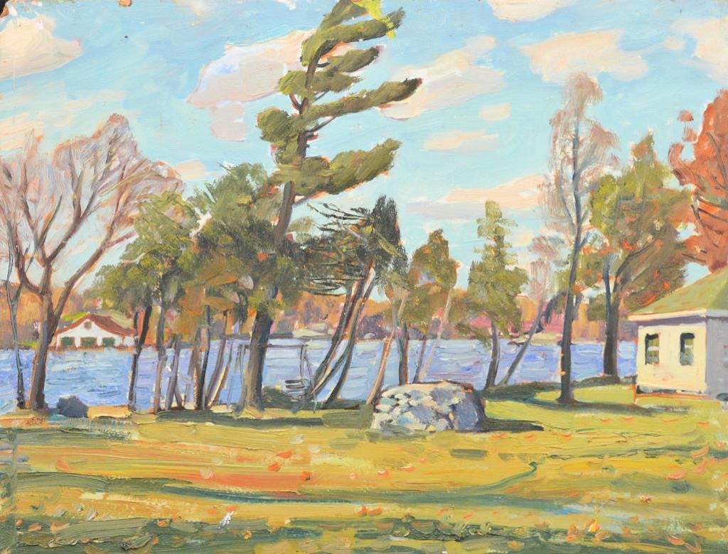 Robert Stewart Hyndman (1915-2009) - Cottages by a Lake