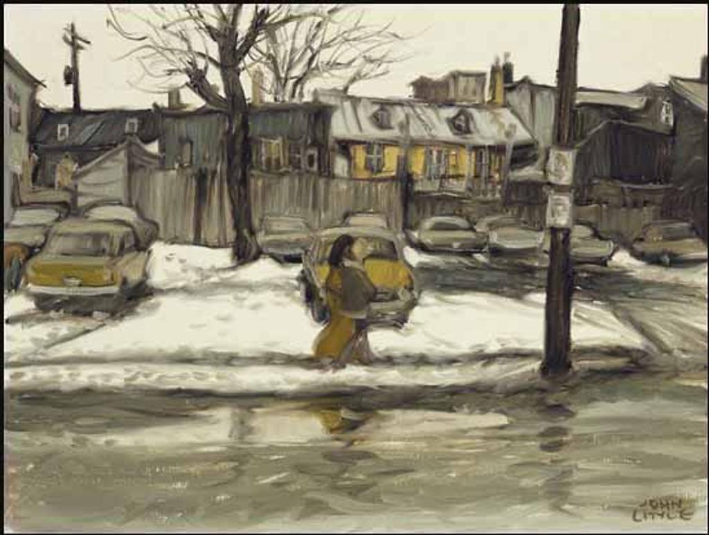 John Geoffrey Caruthers Little (1928-2024) - Deux jeunes filles avec une flaque d'eau, rue de la Salle, Québec