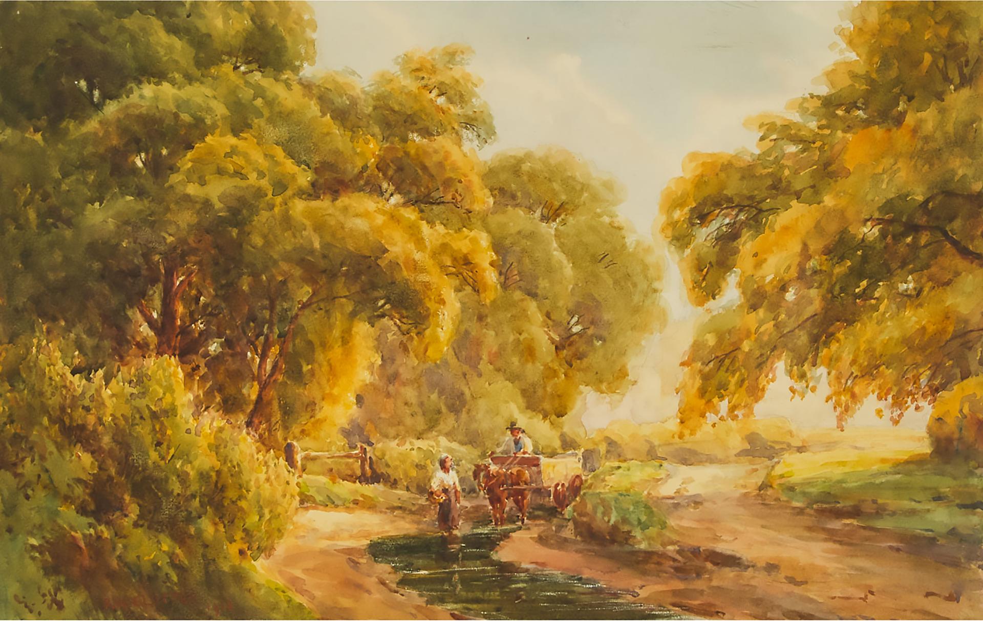 S. W. Clutten - Farmer With Cart And A Woman Gathering On Route, 1915