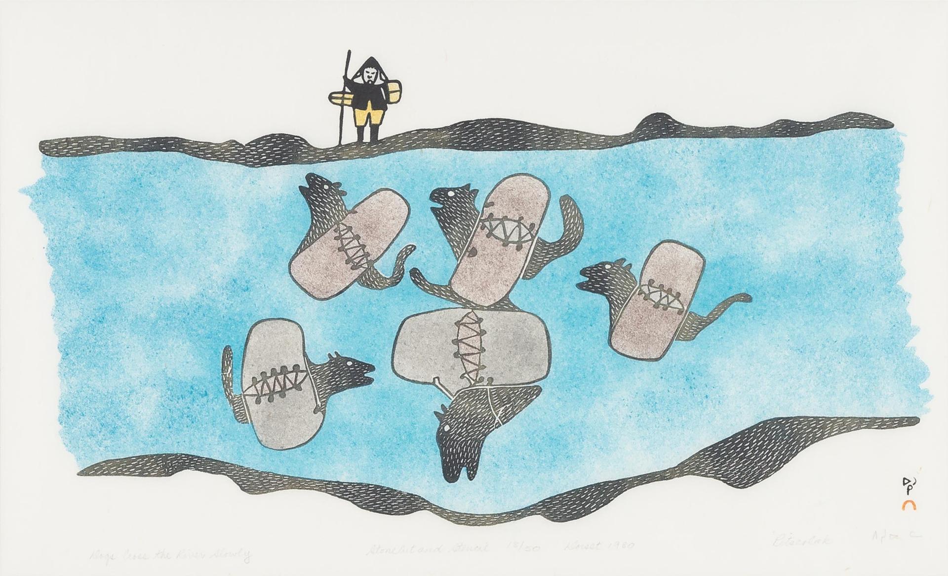 Pitseolak Ashoona (1904-1983) - Dogs Cross The River Slowly