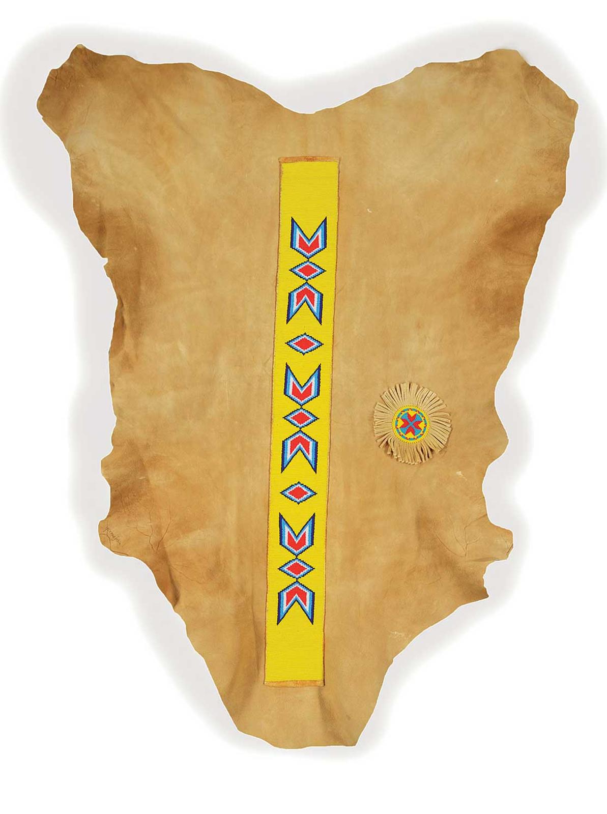 Yvonne Jobin - Untitled - Abstract Yellow Beadwork and Sun on Leather Wallhanging