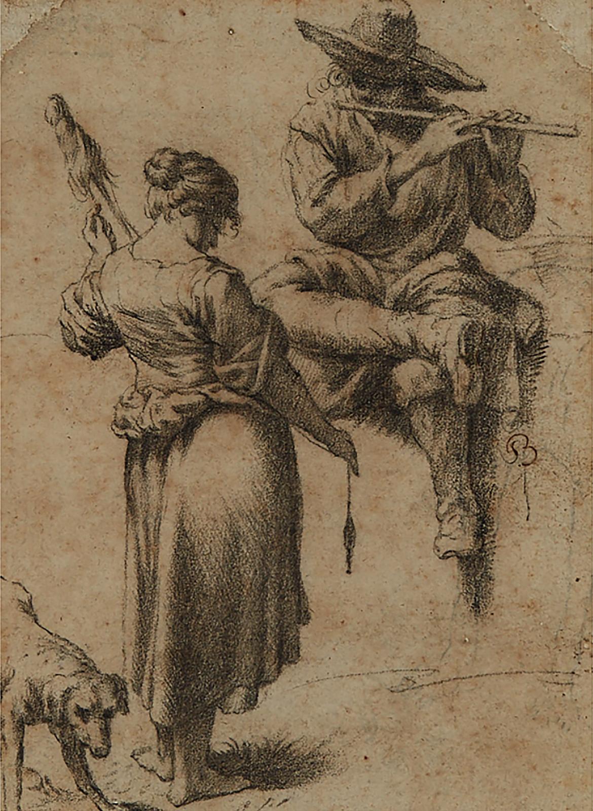 Nicolaes Pieterszoon Berchem (1620-1683) - Study Of A Flute Player, Spinner, And A Dog