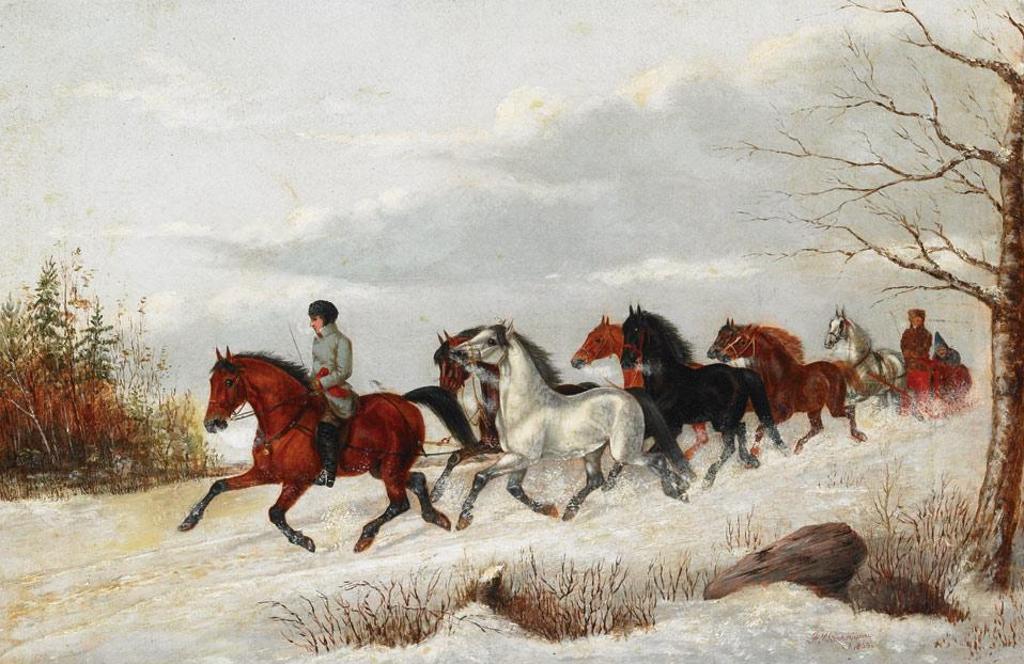 Frederick Samuel Barnjum (1858-1887) - Trader With A String Of Horses Pulling A Red Sleigh