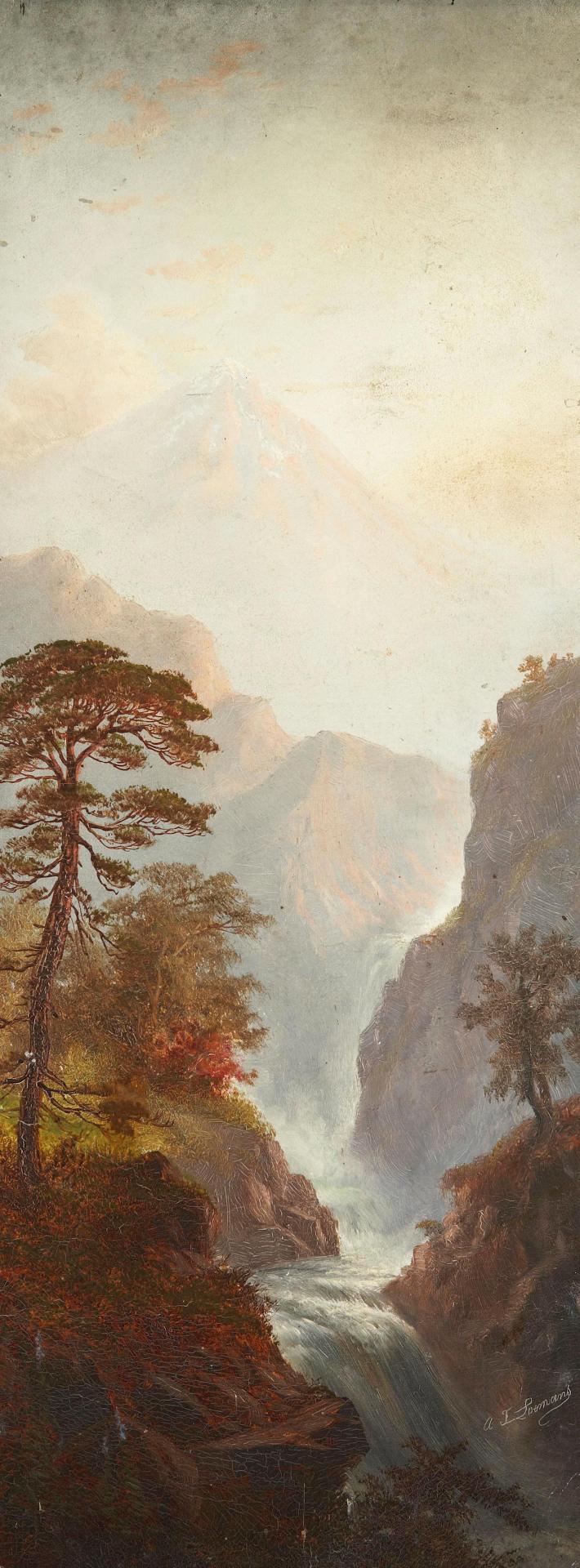 Alexander Francois Loemans (1816-1898) - Campfire and Landscape with falls, a pair