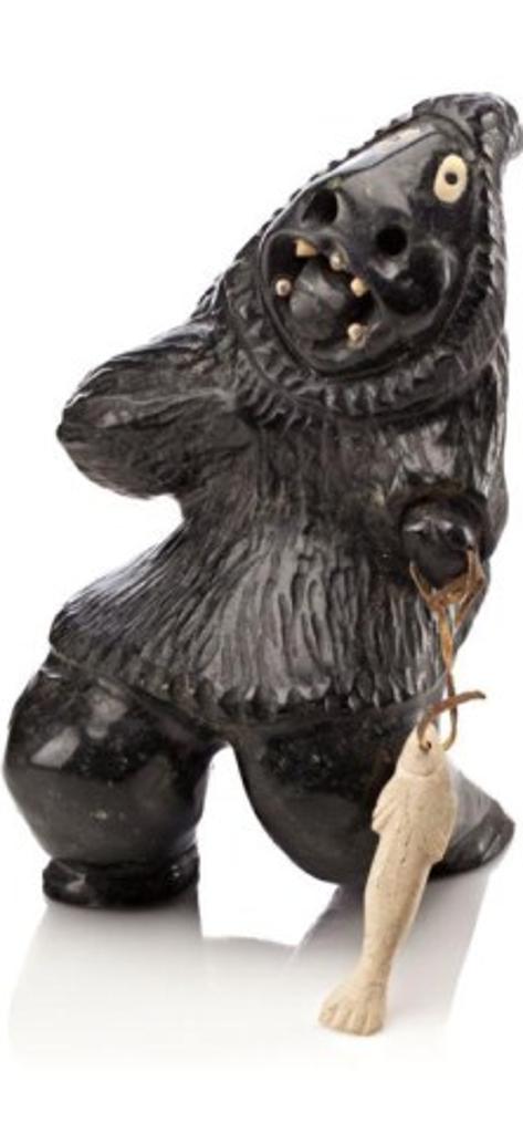 Uriash Puqiqnak (1946) - Happy Fisherman, 1997, Black-green stone, bone, antler and hide