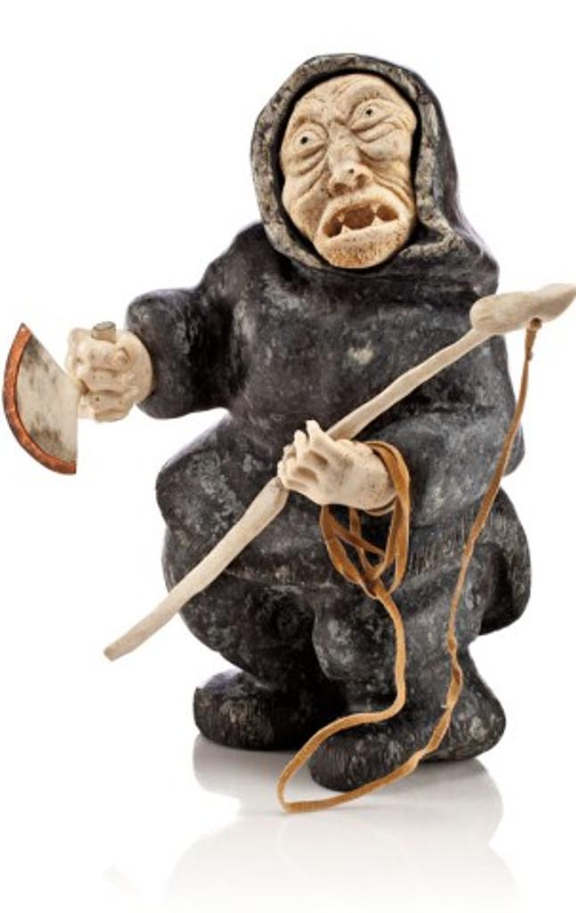 Joseph Shuqslak (1958) - Old Woman with Harpoon and Ulu, 1998, Dark grey stone,bone,antler,copper,hide, 14.5 x 8.5 x 11 in,