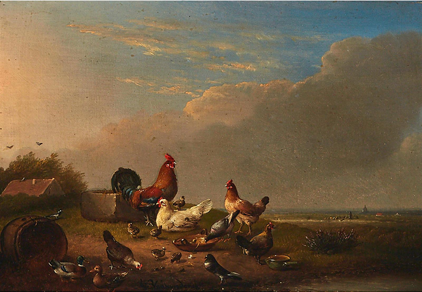 Francois Vandeverdonck (1848-1875) - Hens, Roosters, Chicks And Other Birds In A Farmyard Landscape