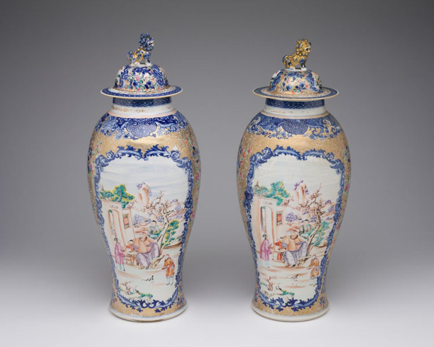Chinese Art - A Pair of Large Chinese Export Mandarin Rose 'Figural' Vases and Covers, Qianlong Period (1736-1795)