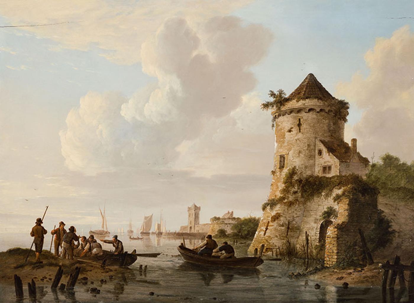 Johannes Hermanus Koekkoek - Pulling in Nets at Sunset