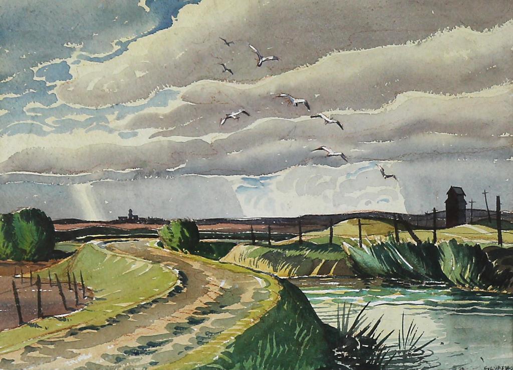 Henry George Glyde (1906-1998) - Prairie Landscape With Grain Elevator And Brooding Sky (Double Sided) / Rocky Mountain River Landscape (Verso)