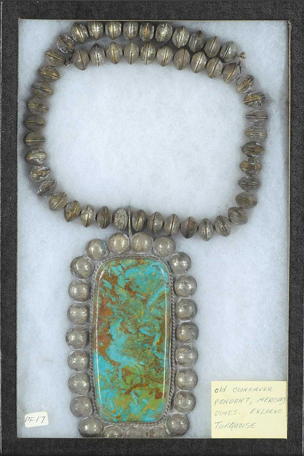 First Nations Basket School - Mercury Coin Silver Necklace with Extra Large Turquoise Pendant