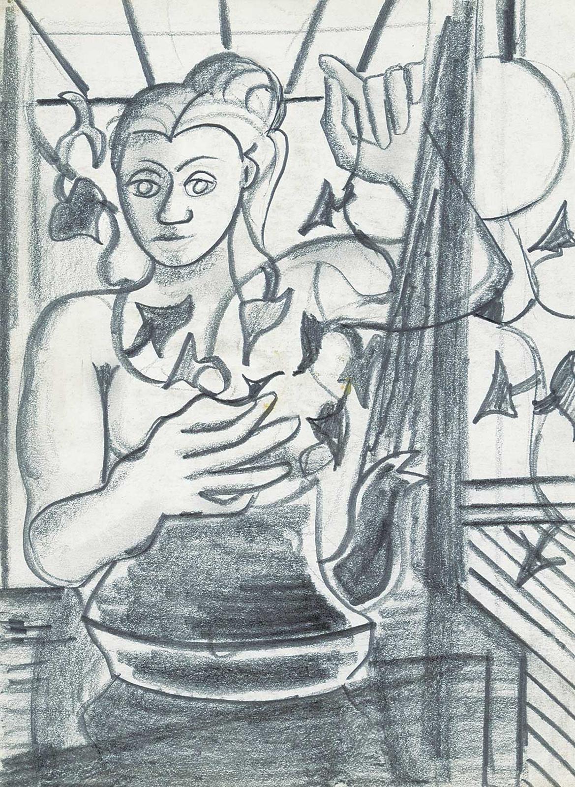 David Pugh (1946-1994) - Untitled - Woman, Pot and Flowers