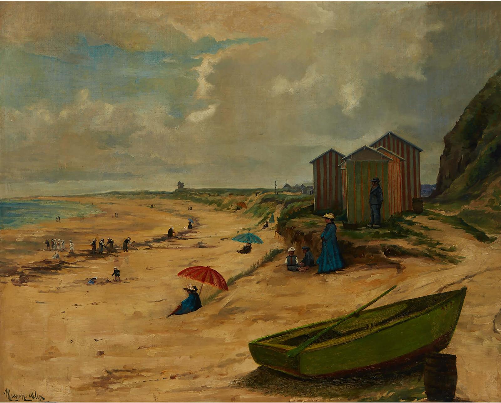 Alexandre Charles Masson (1906-1927) - Busy Beach Scene With Clam Diggers, Figures Sunning And Tents With A Lone Green Boat