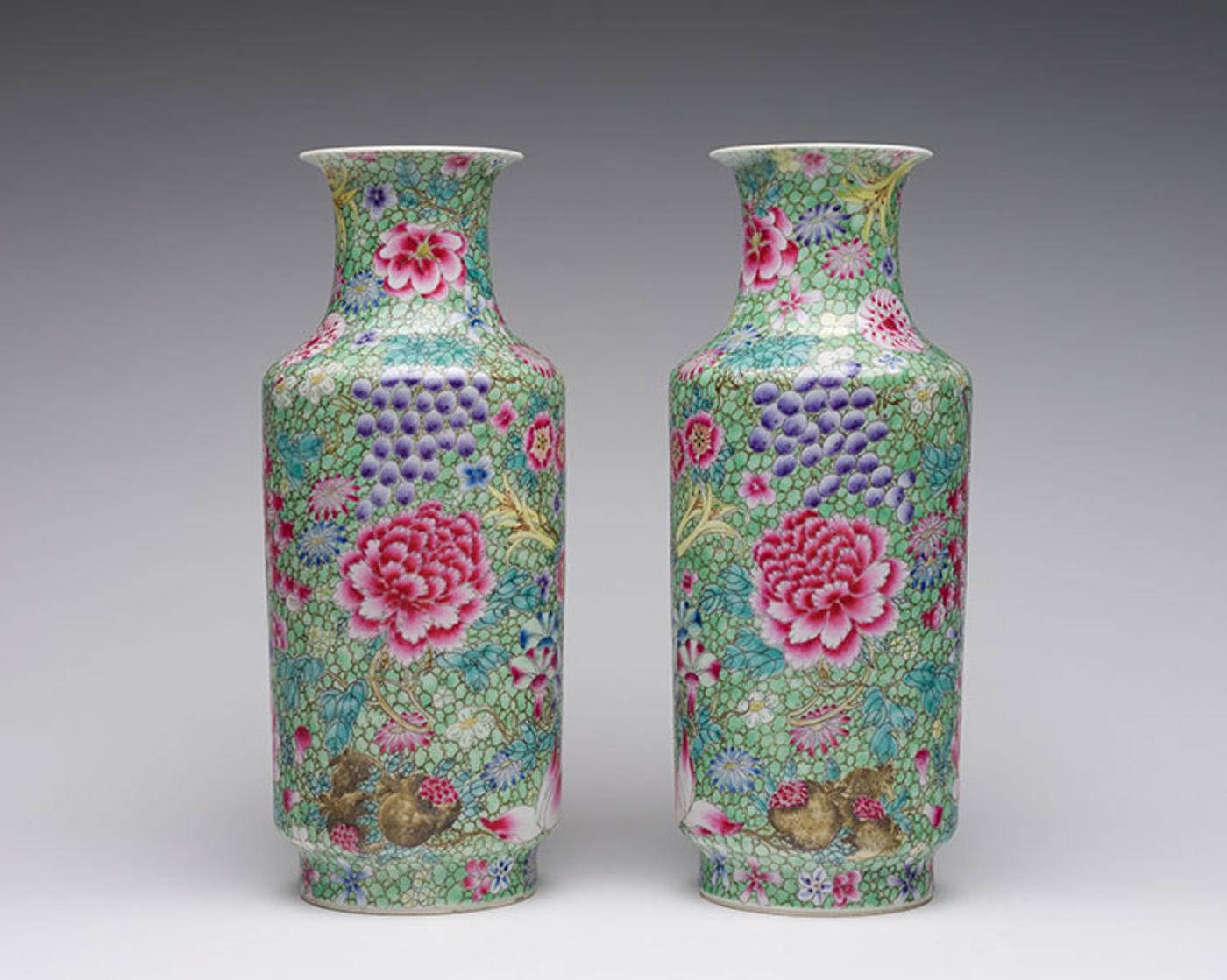 Chinese Art - A Pair of Chinese Famille Rose 'Millefleur' Rouleau Vases, Qianlong Mark, Republican Period