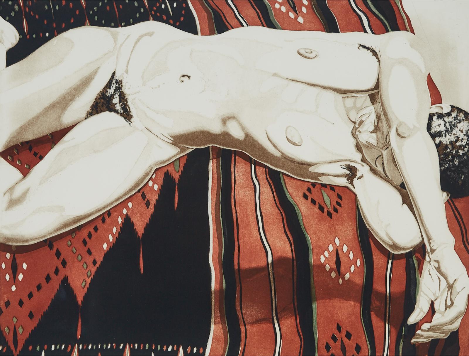 Philip Pearlstein (1924-2022) - Nude Lying On Black And Red Blanket, 1974